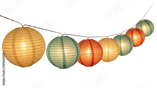 Schilderij op canvas Isolated festive string of paper lanterns with warm lighting for a party or cele