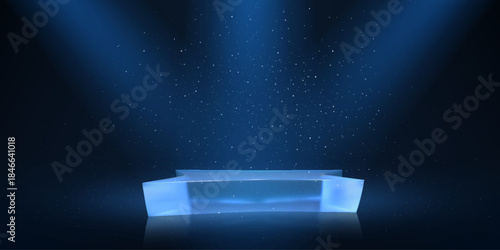 Ice podium and spotlight on blue background, realistic frost showcase pedestal for product presentation, crystal stage