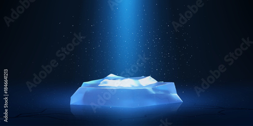 Ice cylinder podium and spotlight on blue background, realistic frost showcase crystal pedestal for product presentation