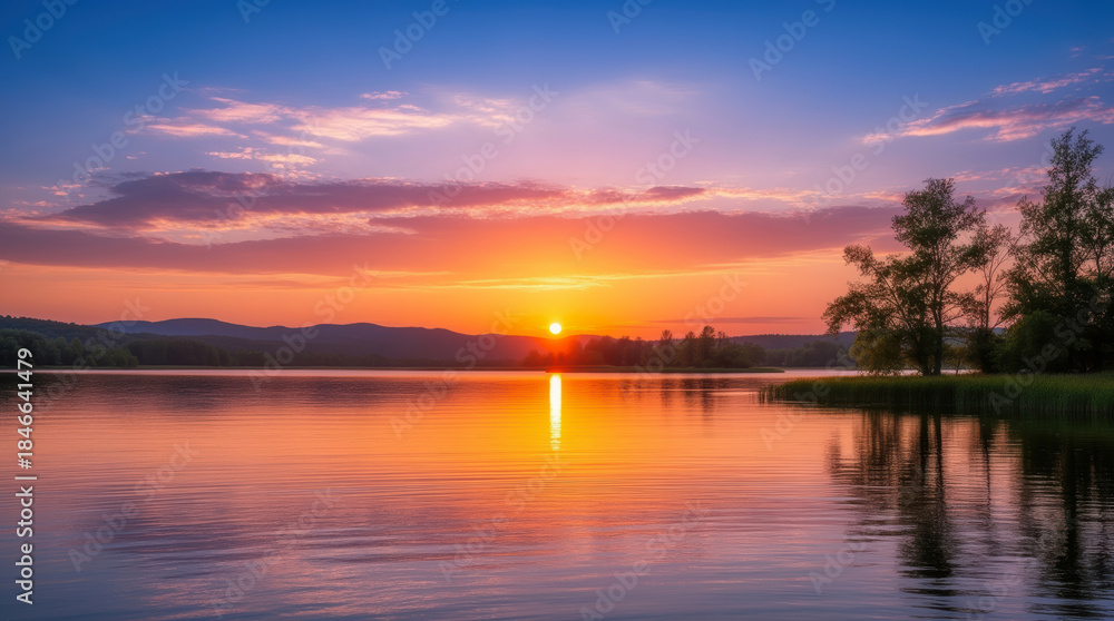 Obraz premium A breathtaking summer sunset casts vibrant orange and pink hues over a tranquil lake, reflecting the sky's serene beauty.