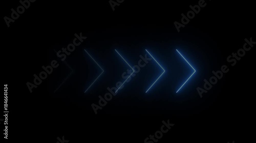 Abstract glowing neon Right directional looping arrows on black background. Glowing Right arrow looping animated. Animated traffic directional arrows sign.