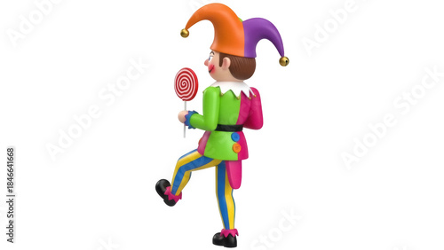Isolated jester with candy, whimsical clown with colorful costume, playful mascot, figurine