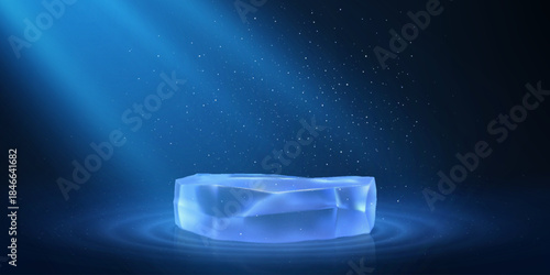 Ice podium and spotlight on blue background, realistic frost showcase pedestal for product presentation 3d crystal stage