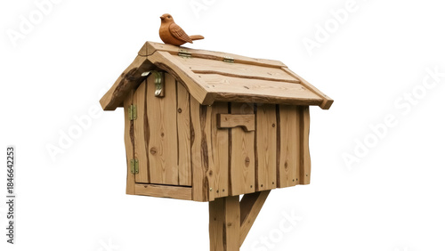 Isolated rustic wooden mailbox with bird perched on top, ready to receive letters & deliveries