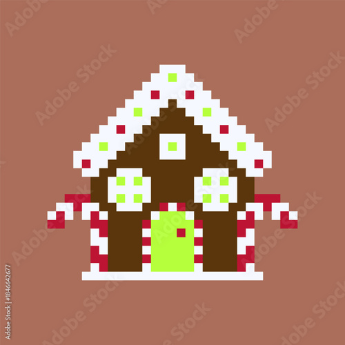 Pixel Art Gingerbread House Christmas Illustration on Brown Background