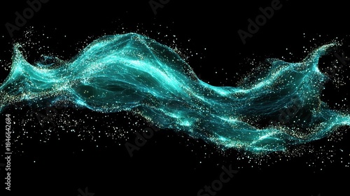 Abstract digital waves of glowing particles and dots forming the shape 