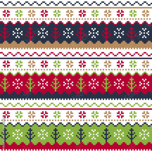 Pixel Art Colorful Christmas Sweater Pattern with Festive Motifs
