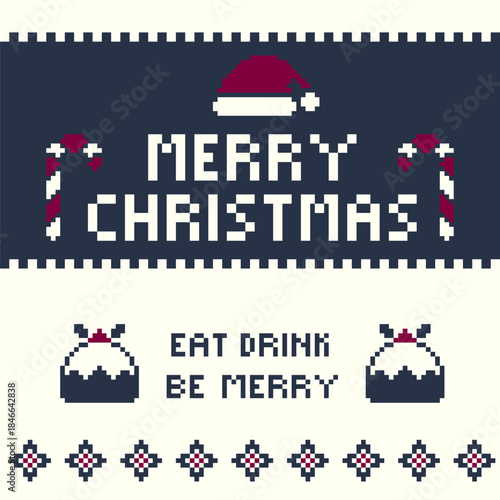 Pixel Art Merry Christmas Sweater Pattern with Holiday Text