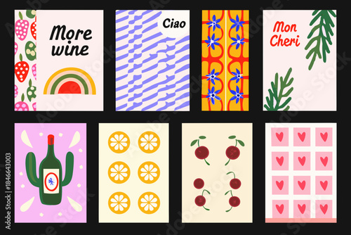 Colorful graphic designs featuring fruit plants and playful typography arrangements