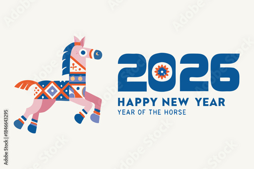 Festive illustration of a decorated horse and the year 2026 for new year celebrations