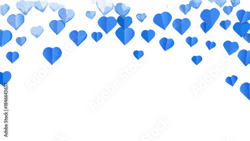 A cascade of blue paper hearts falling against a dark background