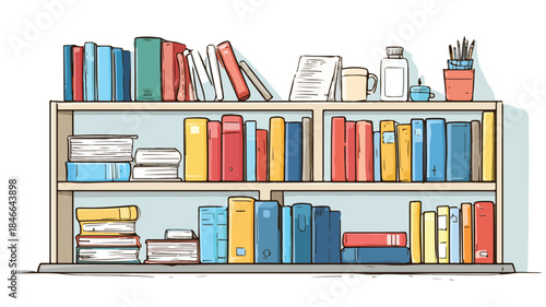 Modern Bookcase with Various Books and Papers Vector Illustration