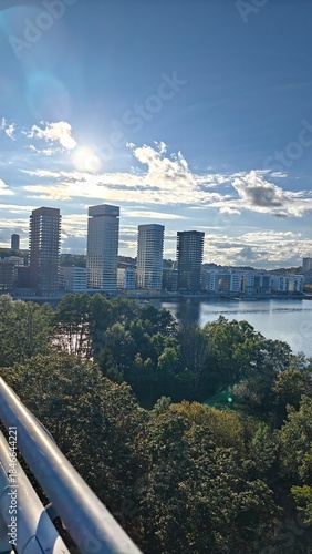 Sunset over the modern city part and architecture of Liljeholmen by Lake Mälaren in Stockholm, Sweden