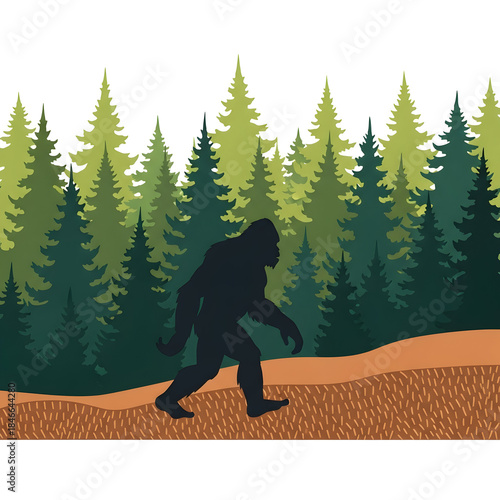 Bigfoot Walking Through Forest Landscape Silhouette.
