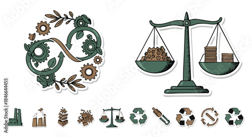 An intricate illustration showcasing the principles of circular economy, sustainable resource management, and environmental balance with various symbolic icons.