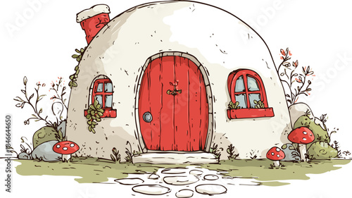 Enchanting Fairy House with Red Door - Whimsical Cartoon Illustration
