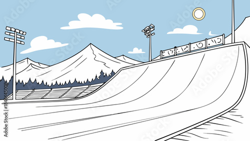 Snowboarders compete on illuminated ski slope with snowy mountains