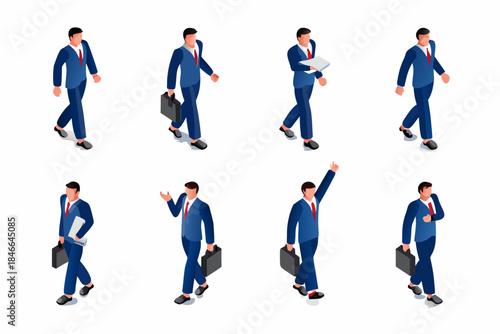 Isometric businessmen in various poses walking and interacting with phones
