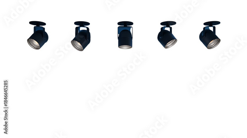 Set of five black track lighting spotlights adjustable directional lamps for interior design isolated on white background.