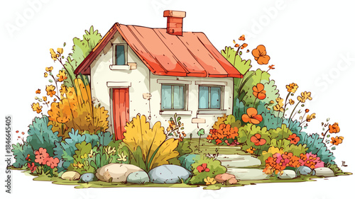 Charming Cartoon Illustration of House with Garden and Flowers