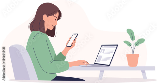 Business Woman Laptop Smartphone Desk Plant Modern Workspace Technology Lifestyle Vector Illustration