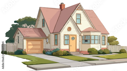 Cartoon House with Driveway and Driveway Vector Illustration