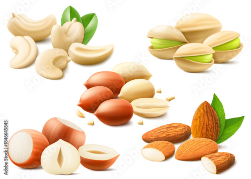 Detailed Nuts Set Include of Pistachio, Hazelnut, Almond, Peanut and Cashew isolated on white background. Healthy cooking ingredient. a source of protein. Realistic 3d Vector illustration