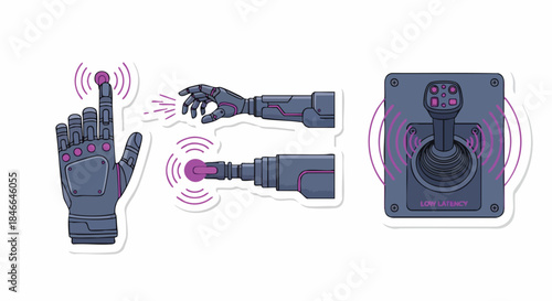Futuristic robotic hand and advanced control devices represent cutting-edge technology and automation in digital interfaces.