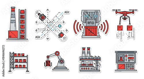 Illustrative icons depicting advanced industrial automation, smart factory operations, and intelligent logistics, showcasing robotics, AGVs, RFID, and drone delivery systems.