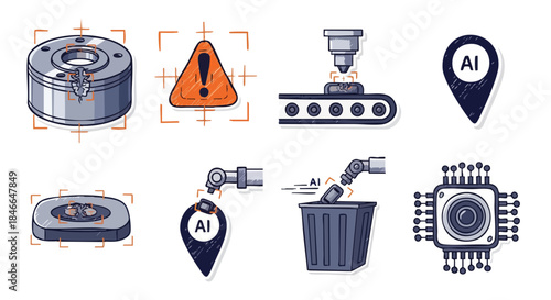 Collection of icons representing artificial intelligence in manufacturing, technology, and innovation.
