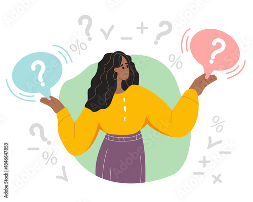 Make Choice, Decision Concept. Puzzled Business Woman Holding Phone Setting Priorities, Doubting, Deciding. Questioned Employee Thinking. Flat vector illustration isolated on white background