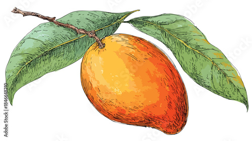 Vibrant Vector Drawing of Mango with Green Leaf - Detailed Illustration