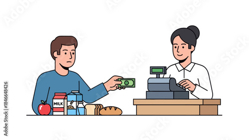 illustration of a student purchasing lunch from a school cafeteria cashier during lunch break