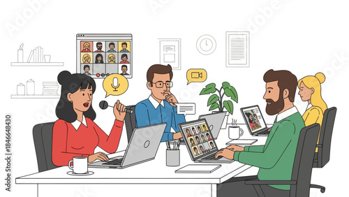 collaborative remote team meeting with video call and shared digital workspace