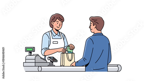 Cashier Assisting Customer at Checkout Counter in a Store Environment