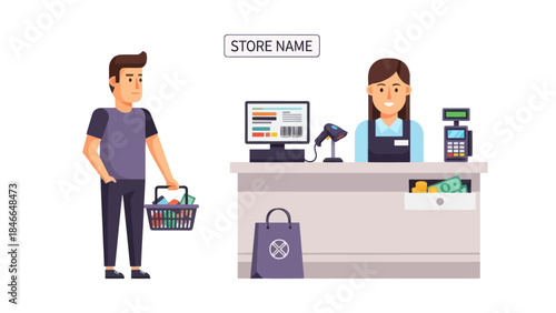 Customer purchasing at checkout counter in retail store with cashier and shopping basket