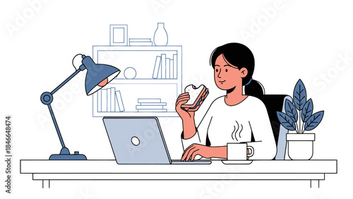 Woman Working at Home Office Desk with Laptop and Coffee in a modern indoor setting