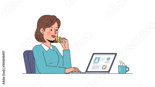 Young woman enjoying snack while working on laptop at desk with coffee