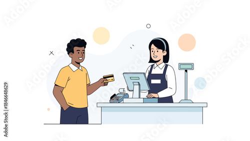 Friendly customer at checkout counter with cashier in modern retail environment