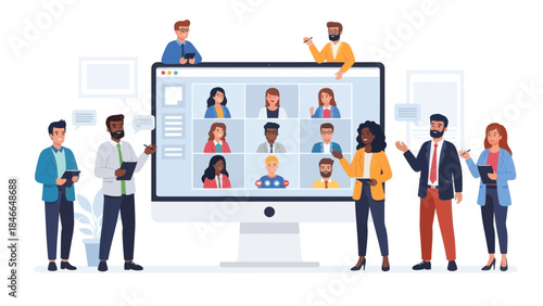 business team participating in virtual conference with diverse professionals engaging in digital