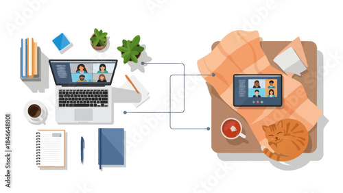 Remote Work and Online Communication During the Pandemic with Virtual Meeting and Home Office Setup