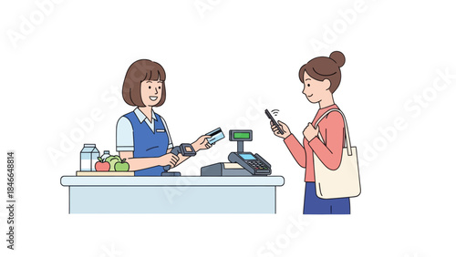 Customer Making a Payment at a Retail Store Counter with Mobile Devices and Checkout System