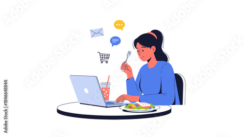 Young woman enjoying online shopping and social media interaction while having a meal at her desk