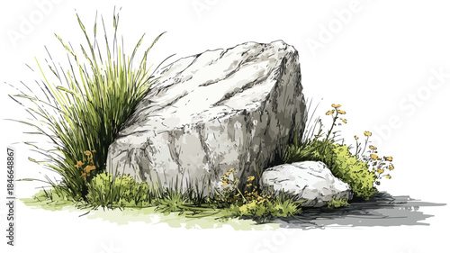 Detailed Drawing of Rock with Plant and Grass Vector Illustration