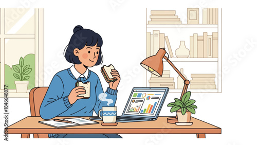 Young woman working from home enjoying coffee and snacks at her modern desk