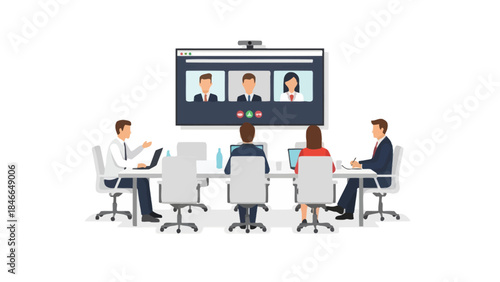 professional virtual meeting with five diverse participants discussing remote collaboration in a
