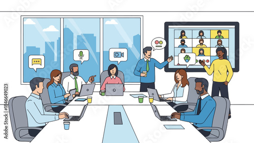 virtual team meeting or online conference with diverse participants in a modern office setting