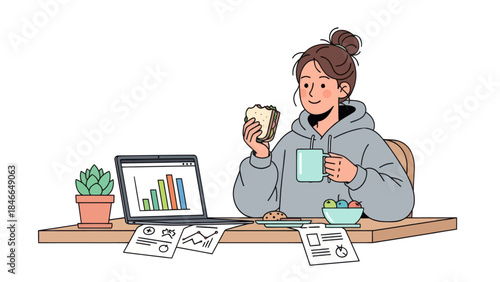 Young woman working at desk with laptop papers and coffee enjoying morning routine