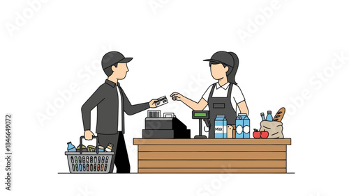 Customer Paying at Store Counter with Cashier During Checkout Process Featuring Shopping Items