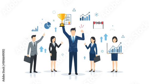 Business team celebrating success with trophy and graphs after a successful project completion